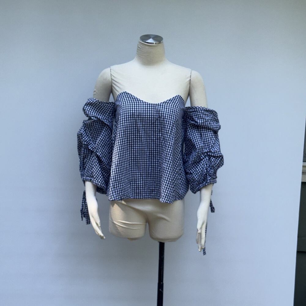Hot & Delicious Gingham Off The Shoulder Top Puff Sleeve Blouse Checkered (M)